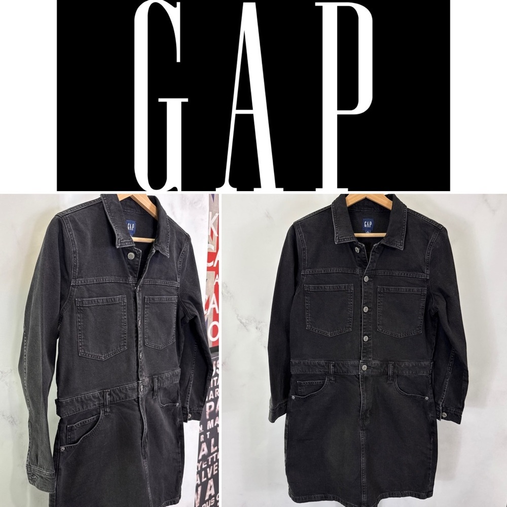 GAP Denim Mini Dress Long Sleeve Pockets Black Wash Button Front Size 12P
